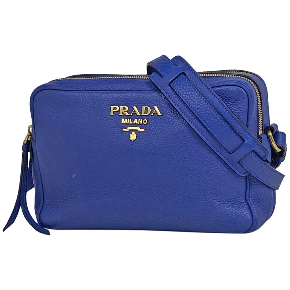 Prada Logo Shoulder Bag Double Zip Vitello Phoenix Leather Blue